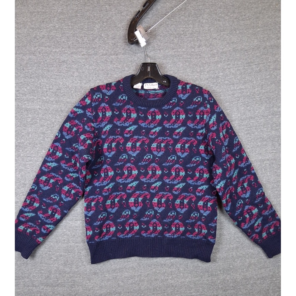 VTG Jos A Banks Mens Sweater Small Blue Paisley 100% Shetland Wool Pullover